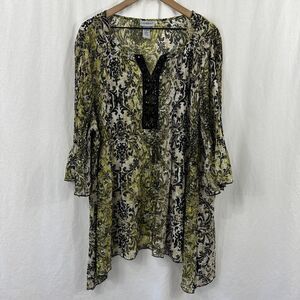 Catherines Boho Green Asymmetric Embellished Tunic Top Size 2X Forest Pleated